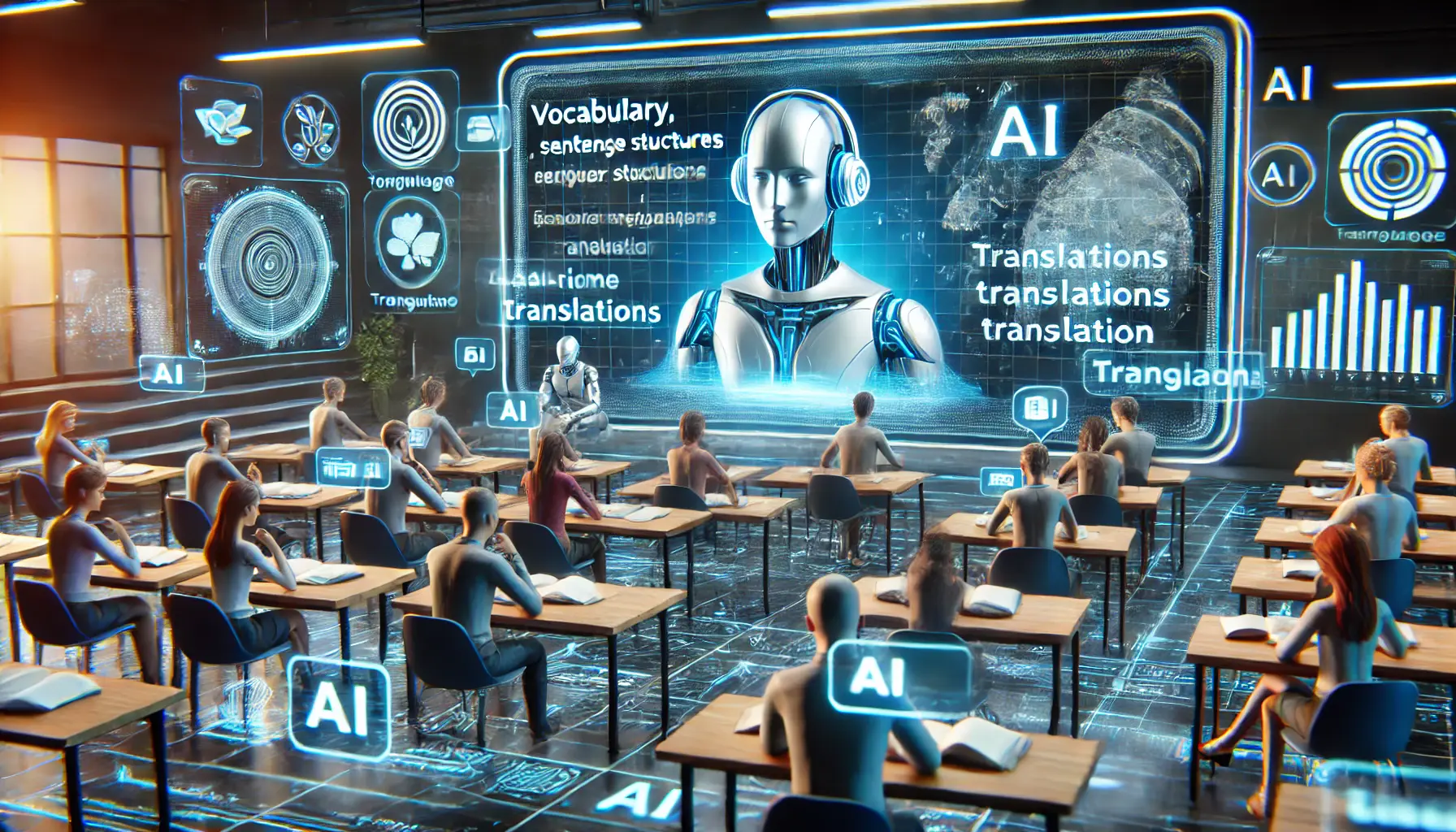 A futuristic virtual classroom with AI-assisted language learning and real-time translation.