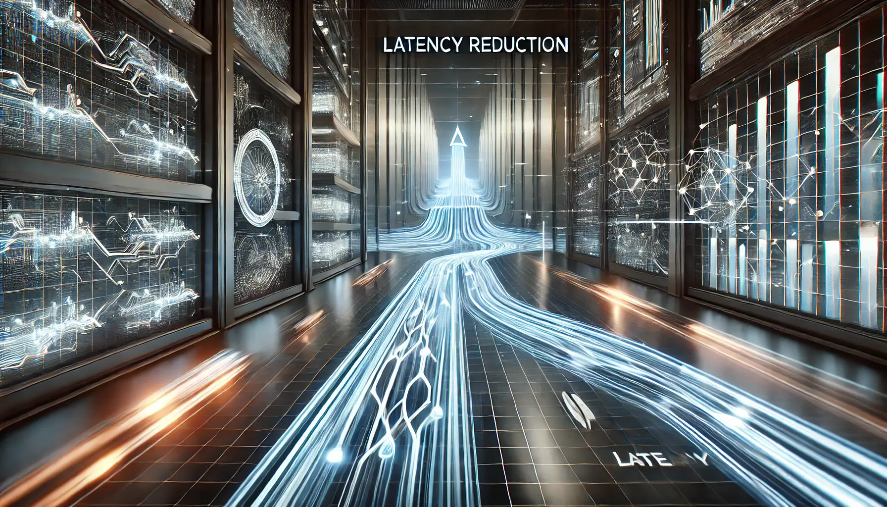 A futuristic visualization of AI latency reduction, showing optimized data flows and fast processing in a high-tech digital environment.