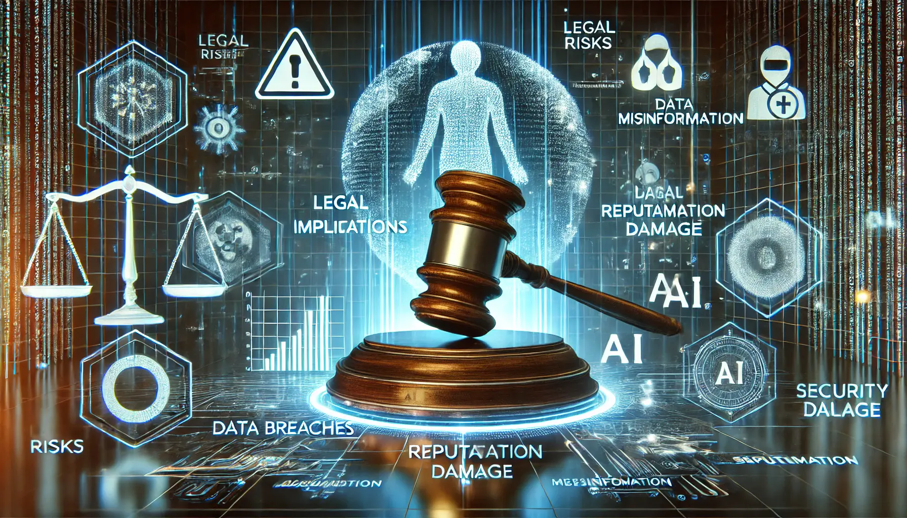 A holographic gavel surrounded by data breaches, misinformation, and scales of justice in a high-tech cyber courtroom, symbolizing legal and reputational risks.