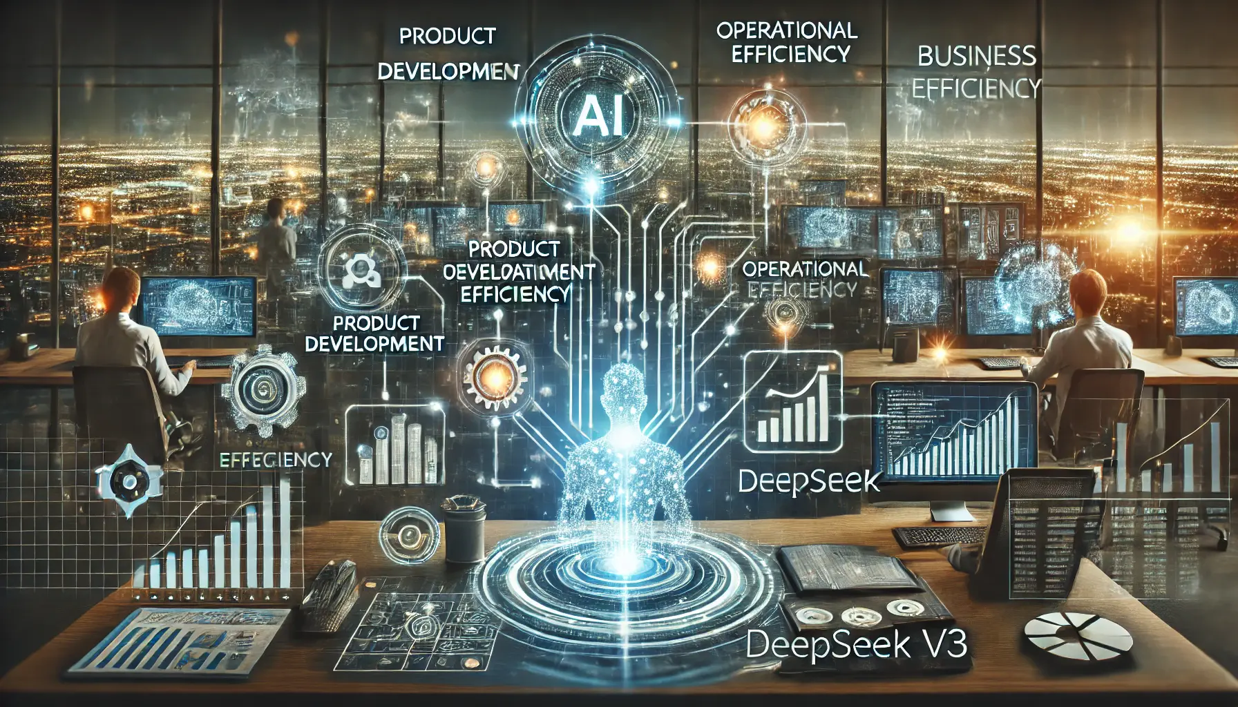 A futuristic digital workspace where AI systems enhance business operations, showcasing product development, operational efficiency, and market insights powered by DeepSeek v3.