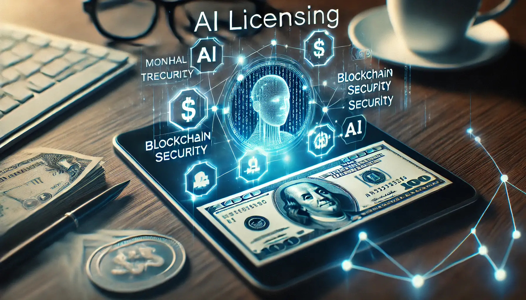 A futuristic digital contract with holographic elements showcasing AI licensing costs, featuring monetary transactions and blockchain-like security.