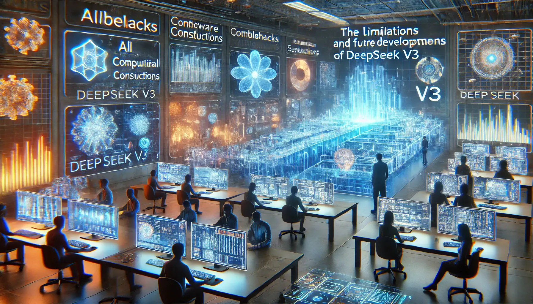 Futuristic AI research lab analyzing limitations and advancements of DeepSeek v3 with holographic displays showing AI bottlenecks and improvements.