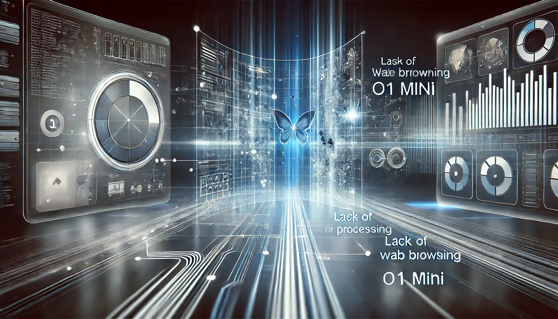 A high-tech digital interface showcasing the limitations of ChatGPT o1 Mini, with data pathways interrupted to symbolize restricted capabilities.