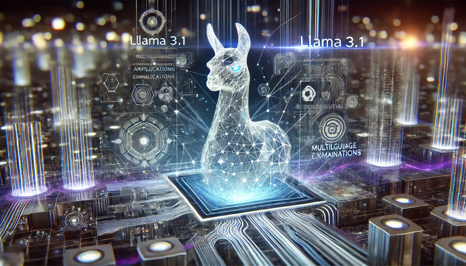 A high-tech, futuristic AI model representing Llama 3.1 by Meta, showcasing innovations and applications.