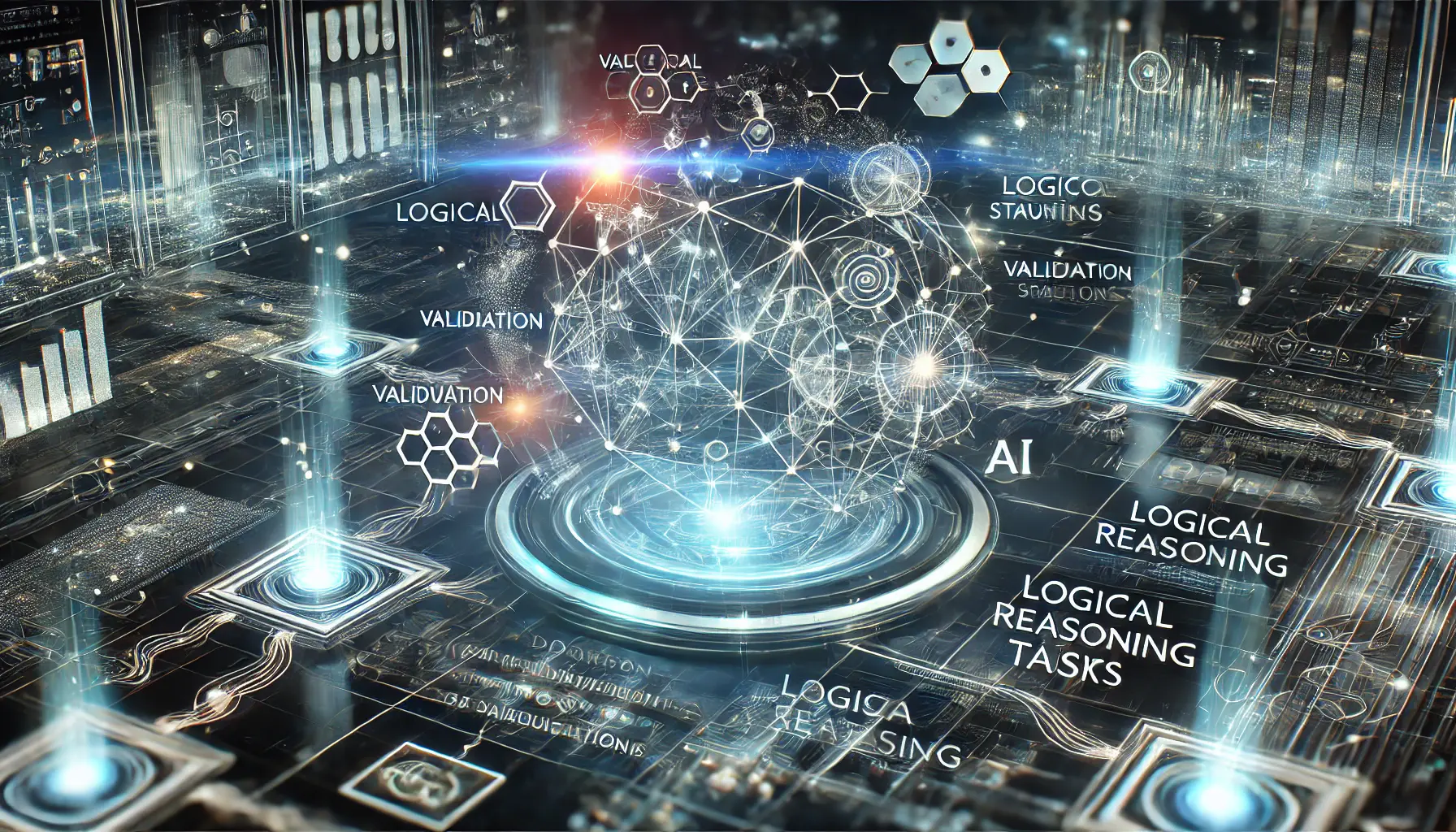 A futuristic visualization of AI performing logical reasoning tasks, with a neural network analyzing complex logical statements and decision-making pathways.