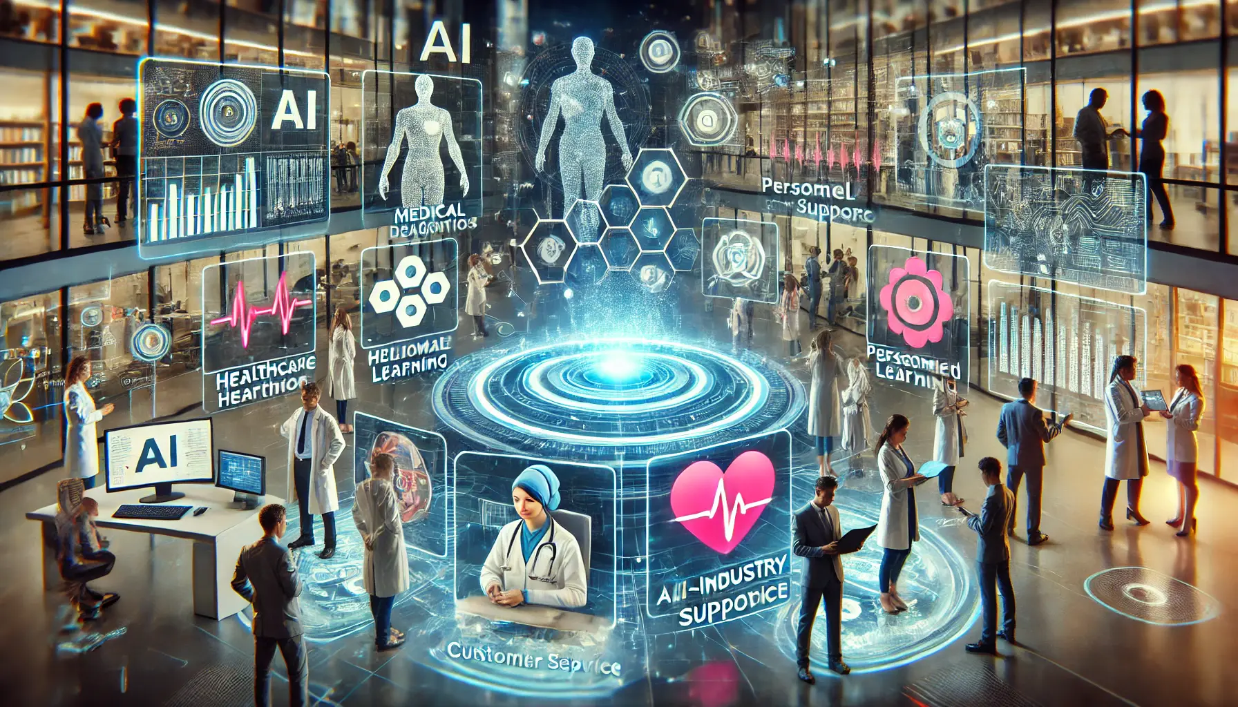 A futuristic, multi-industry setting where AI impacts healthcare, education, and customer service, with holographic displays showcasing AI-driven advancements.