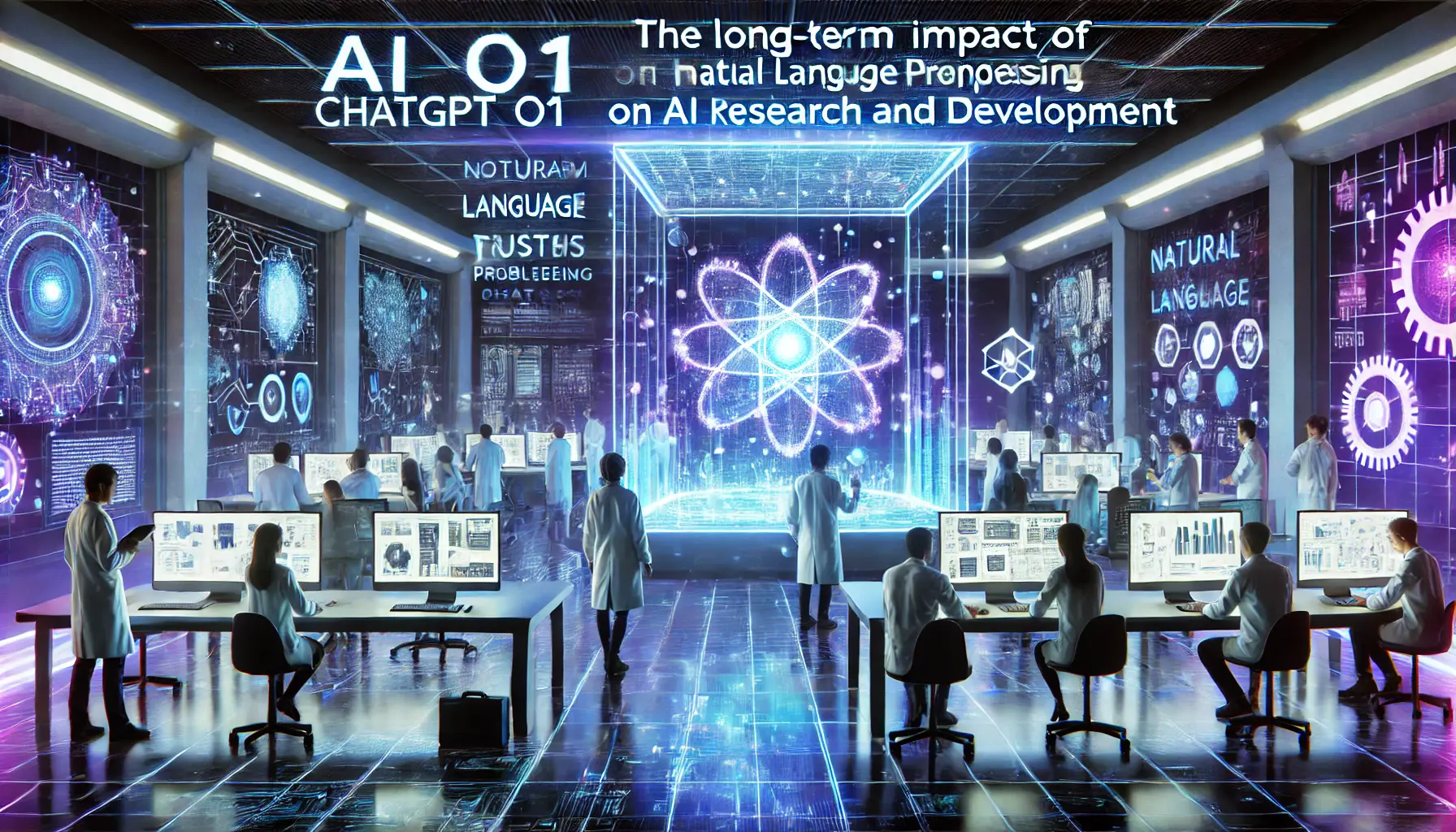 A futuristic AI research facility where scientists explore the long-term impact of ChatGPT o1 on AI research and development, with evolving AI systems displayed on digital screens.