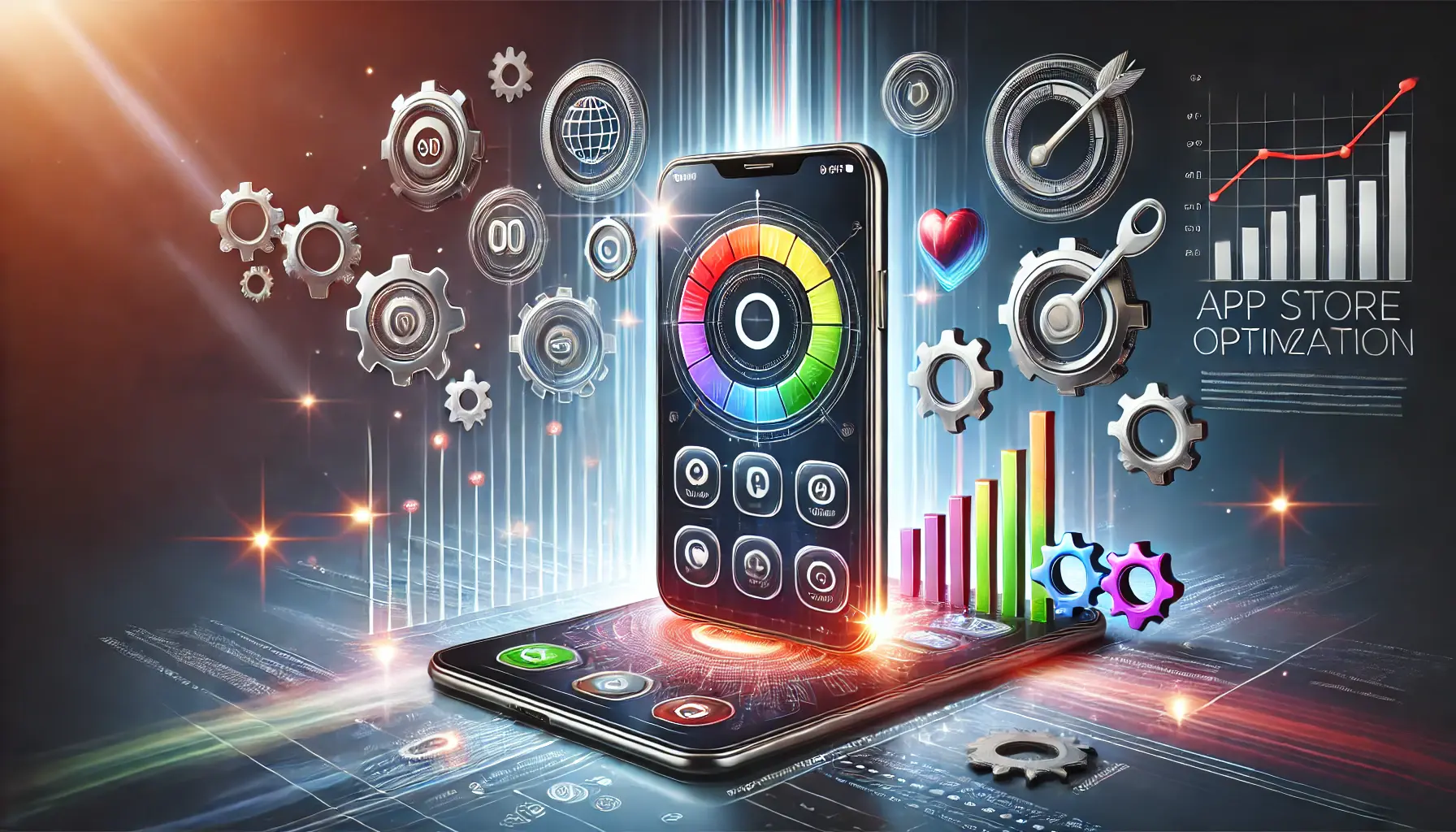 A visually engaging representation of continuous optimization for ASO success, featuring a smartphone surrounded by performance graphs, optimization icons, and gears symbolizing ongoing ASO adjustments.