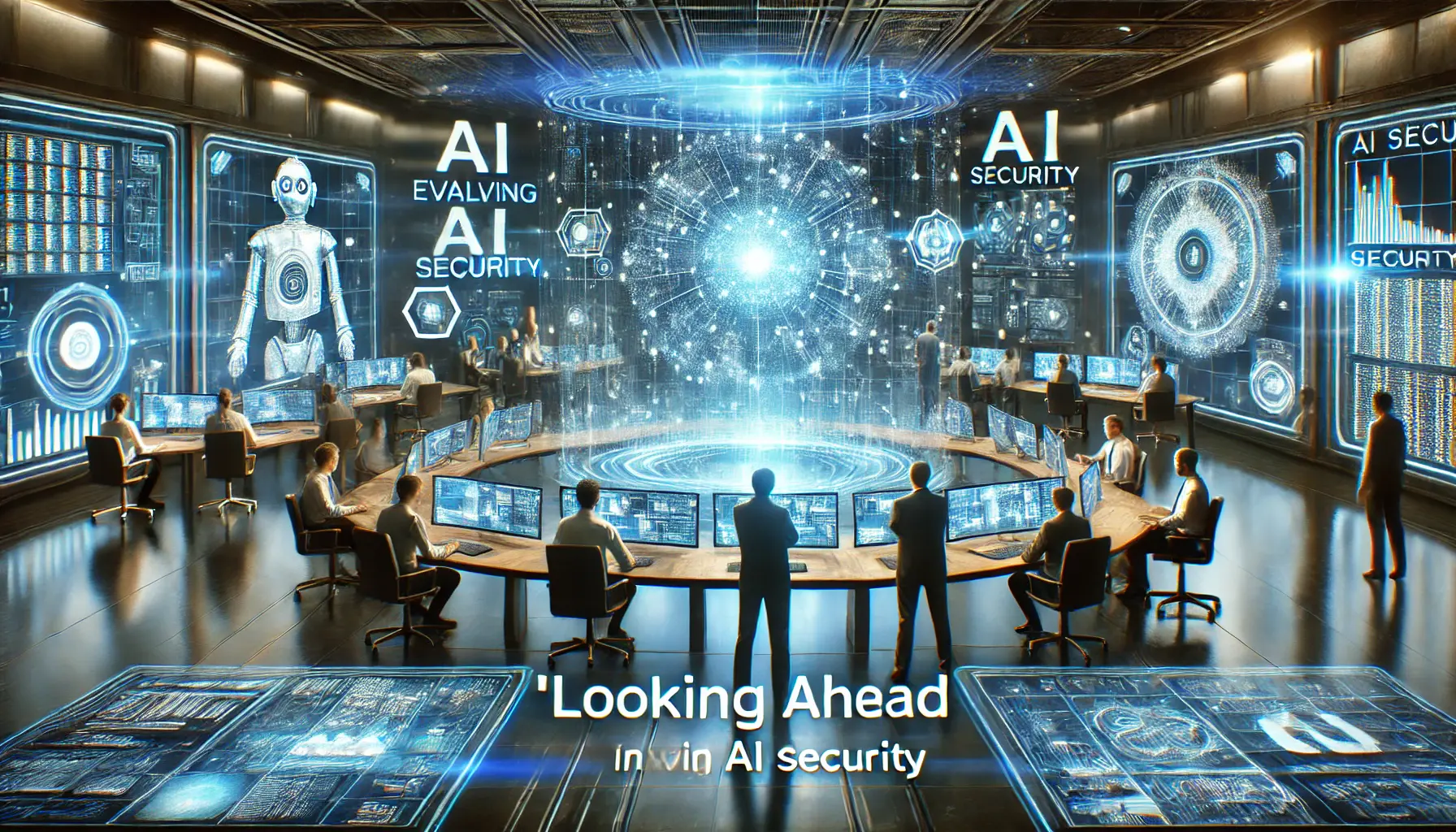 A futuristic digital scene symbolizing the forward-thinking strategies in AI security, with professionals analyzing advanced security analytics.