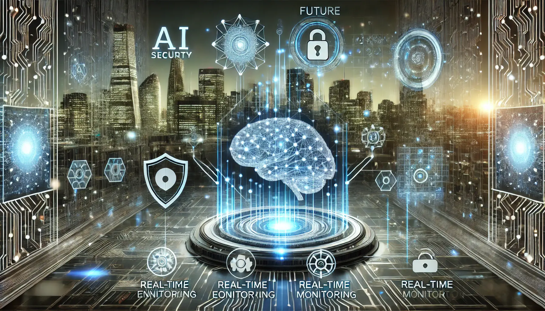 A futuristic AI system surrounded by advanced security measures such as encryption shields, real-time monitoring, and threat detection in a high-tech digital environment.