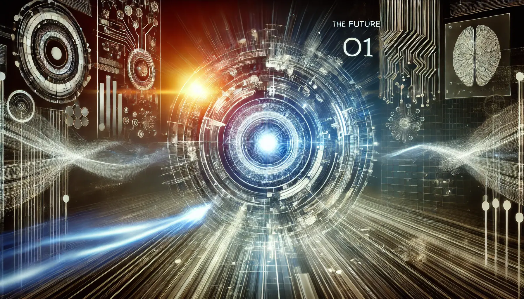 A futuristic AI system symbolizing the future of ChatGPT o1, represented by a glowing AI core surrounded by abstract digital representations of advanced neural networks and futuristic technology.