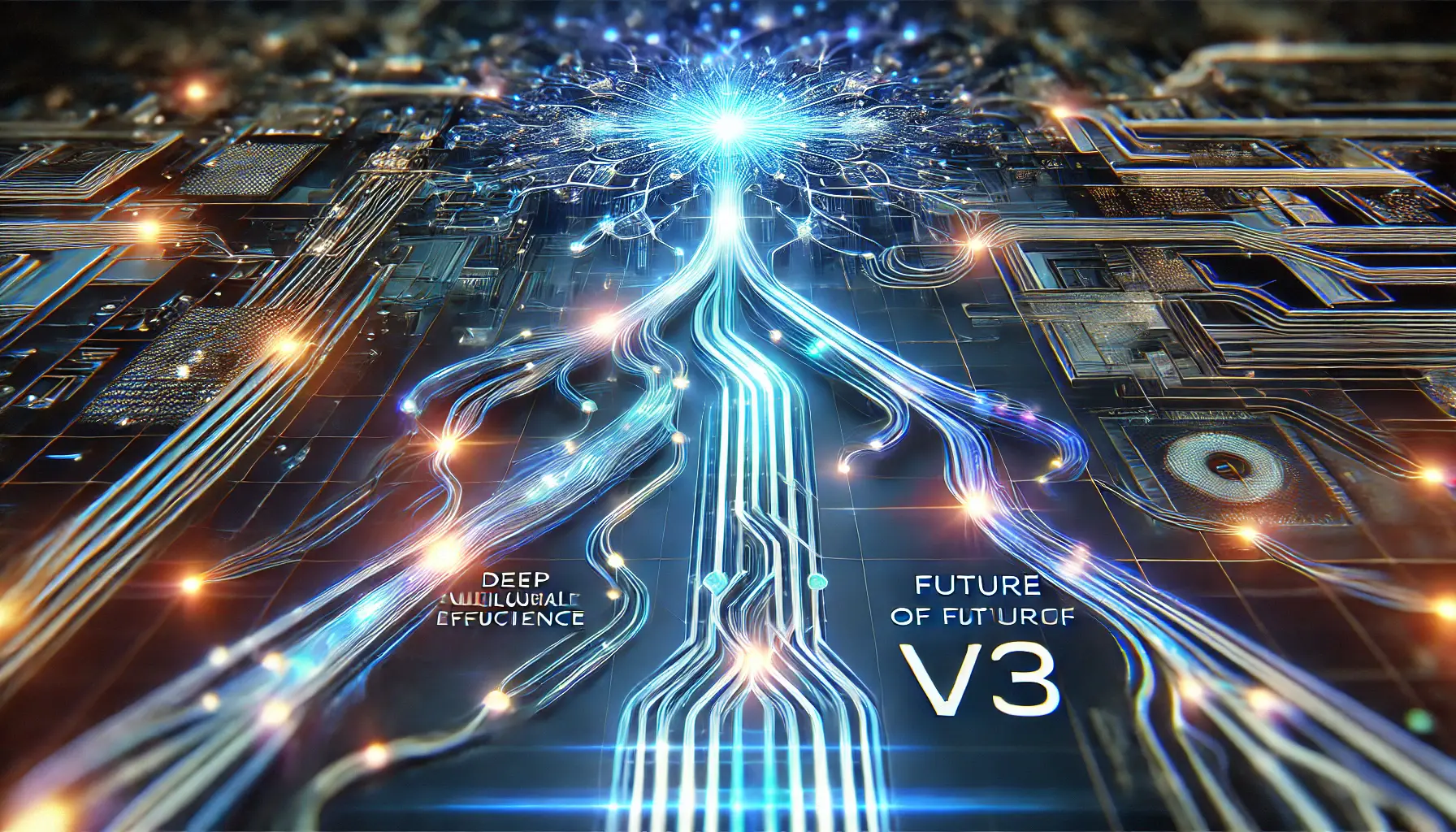 A high-tech visualization of the future of DeepSeek v3, showing an evolving neural network with energy flows symbolizing future advancements.