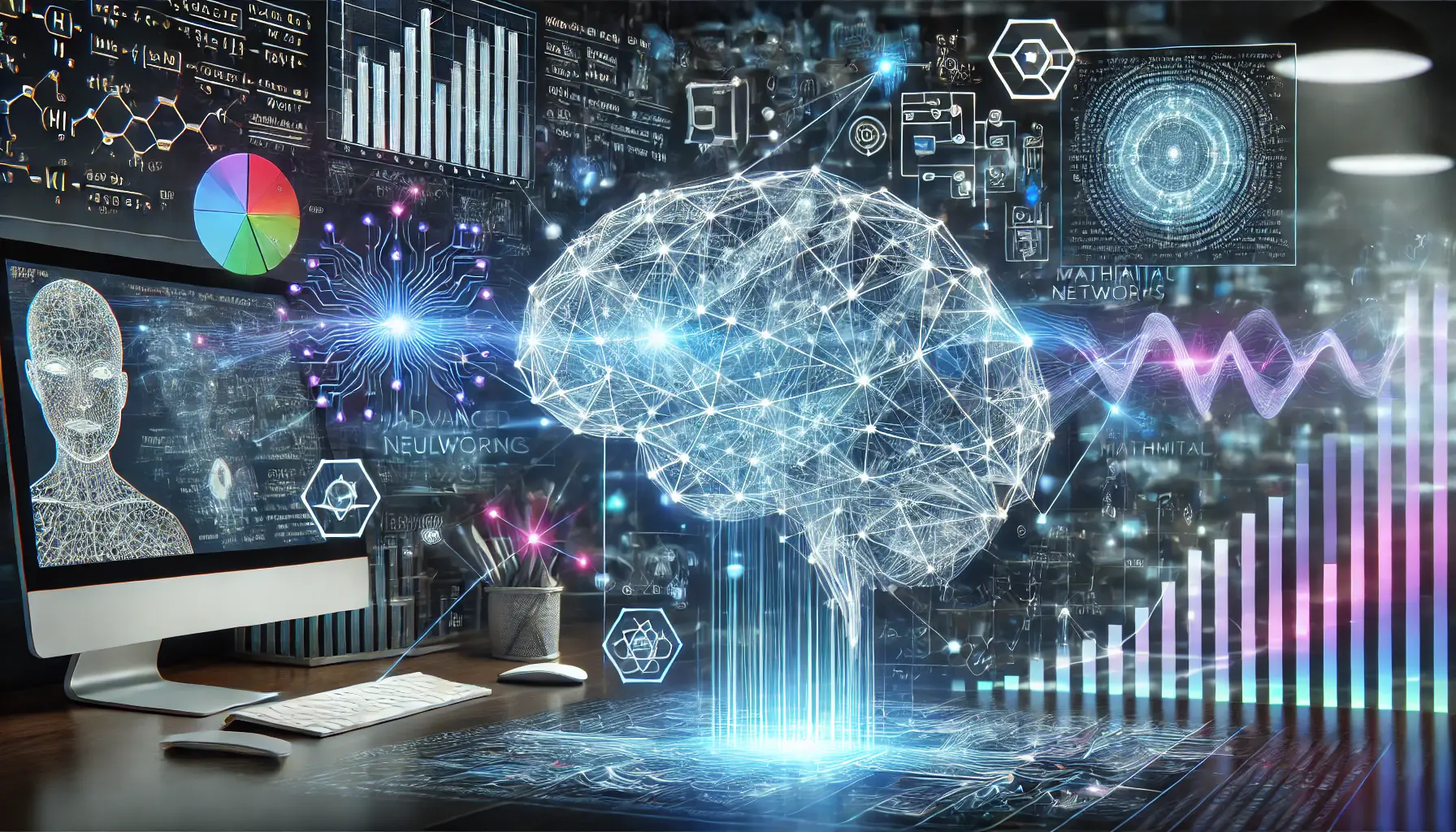 A sophisticated machine learning environment with a digital brain processing complex data, representing contributions to machine learning methodologies.