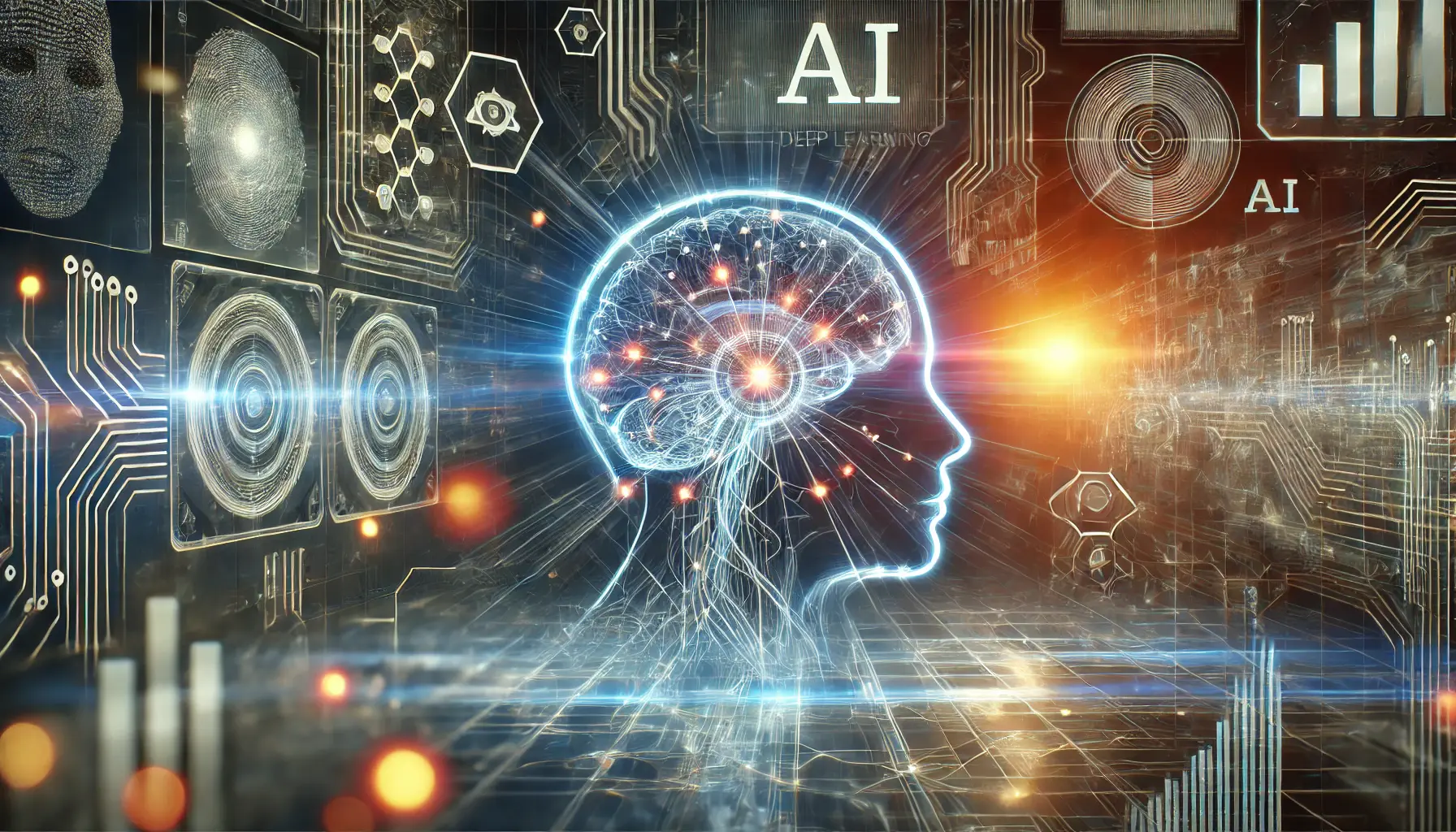 A futuristic AI system evolving through machine learning, with neural networks and glowing data streams symbolizing deep learning and real-time adjustments.