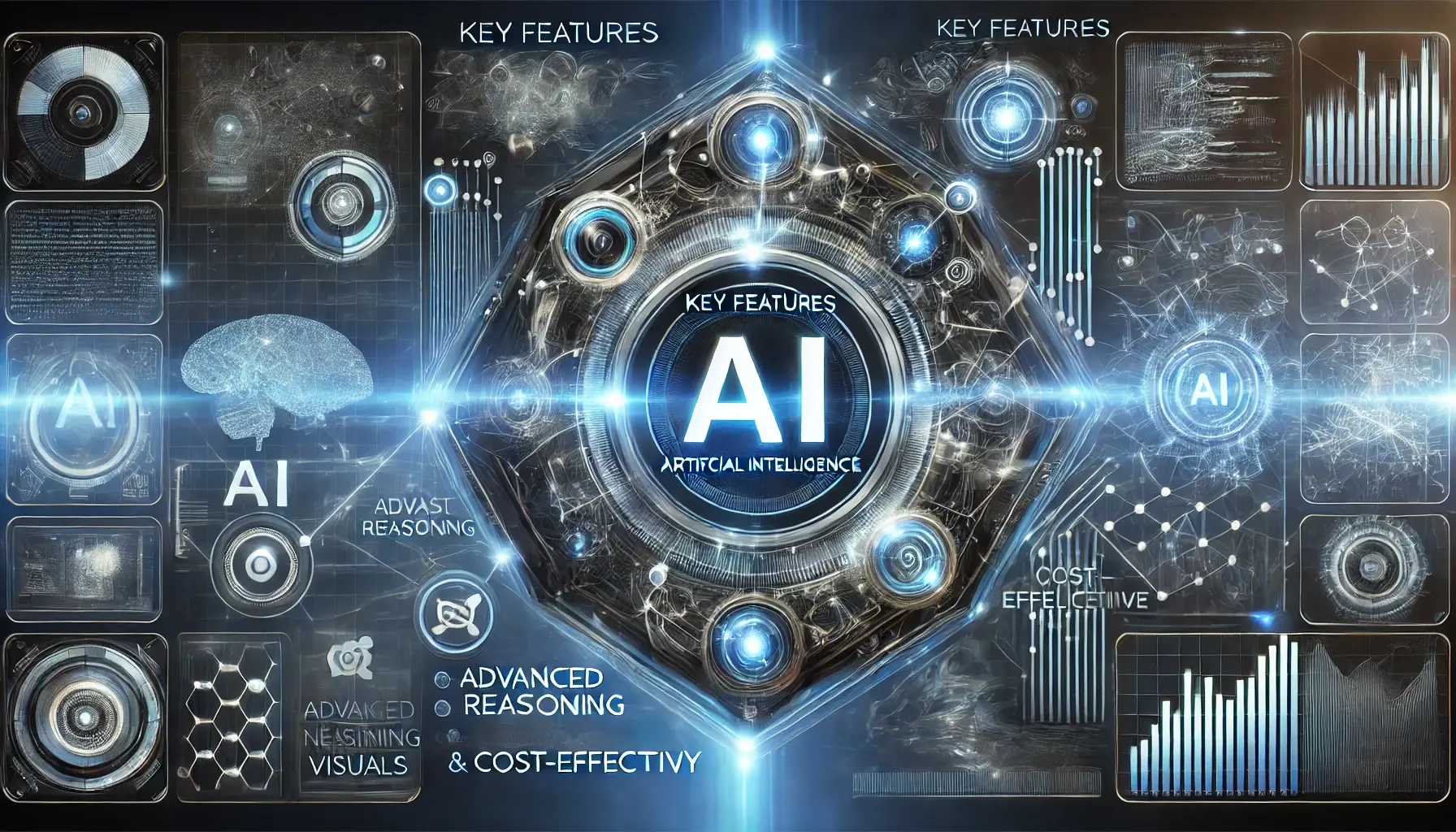 A futuristic AI interface with a high-tech digital panel displaying interconnected AI components, symbolizing advanced reasoning, efficiency, and cost-effectiveness.