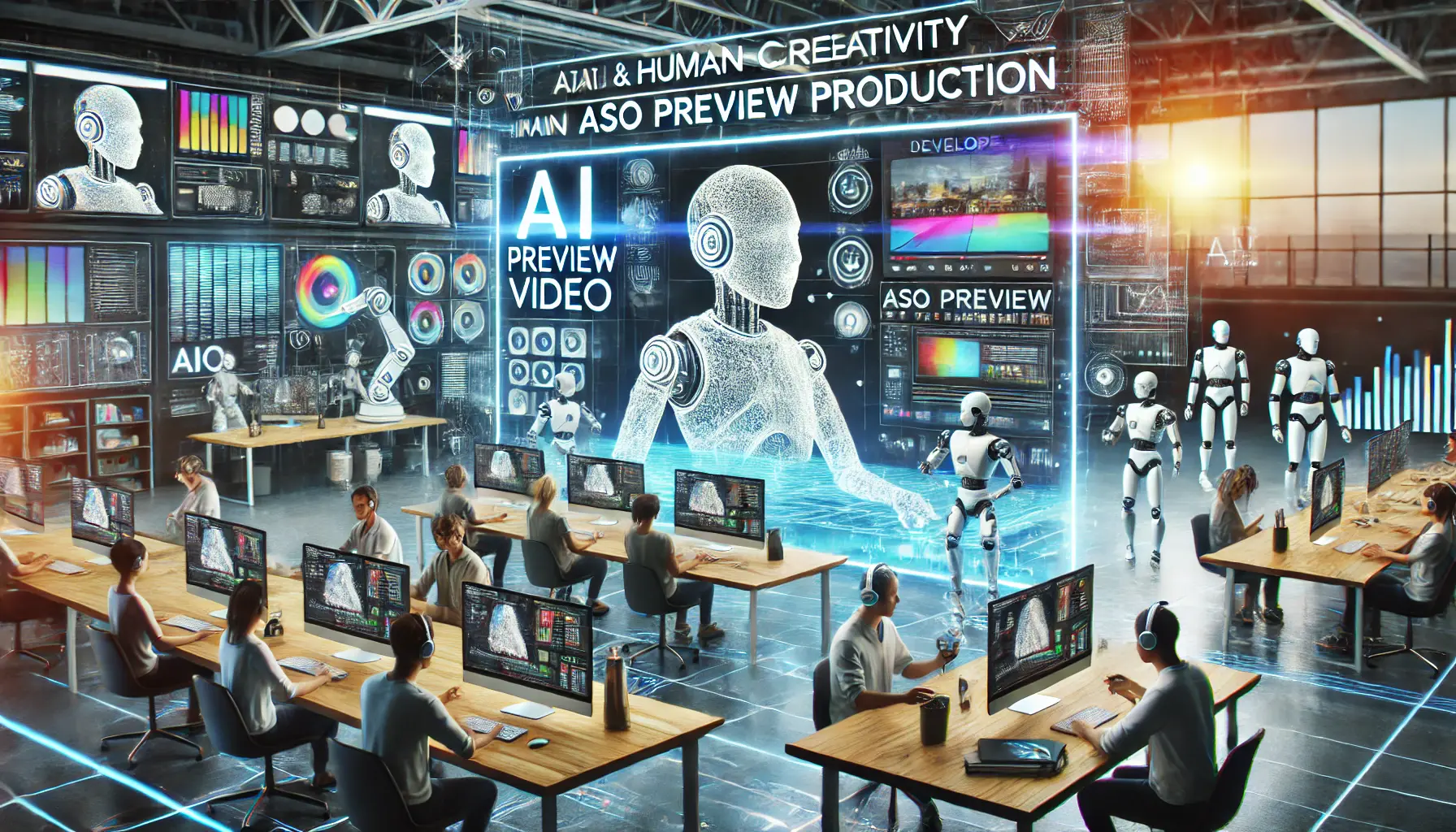 A creative digital workspace where AI and human collaboration maintain authenticity and creativity in ASO preview video production.