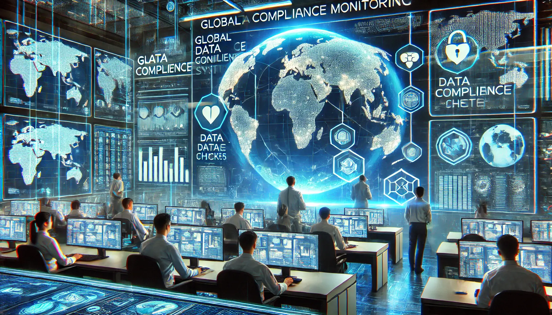 A high-tech operations room where professionals oversee global AI deployments, with holographic displays showing data transfers, compliance checks, and regulatory metrics across continents.