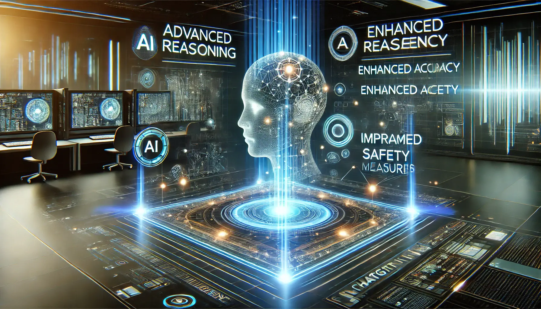 Futuristic AI interface with glowing nodes, data streams, and holographic elements symbolizing AI advancements.