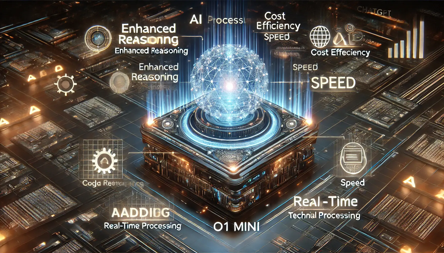 A futuristic digital interface displaying the major features of ChatGPT o1 Mini, with a holographic AI processor emitting interconnected data streams representing enhanced reasoning, speed, and technical capabilities.