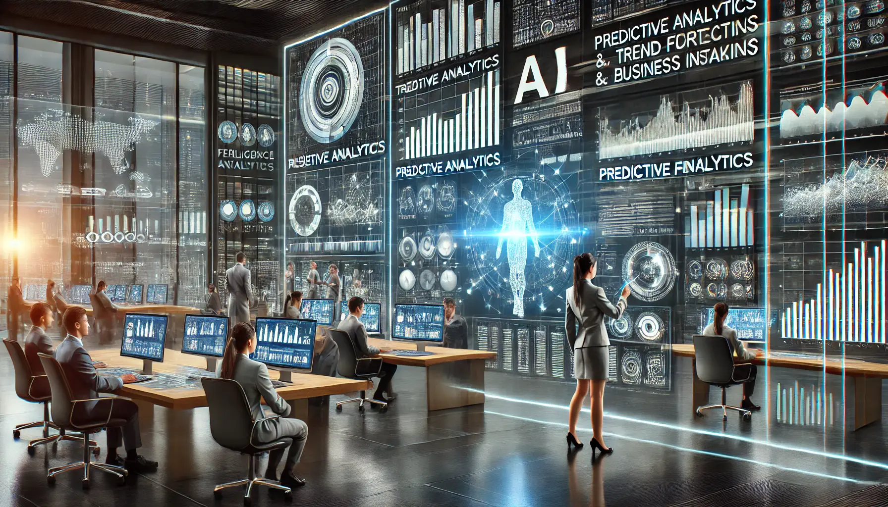 A futuristic business intelligence center where professionals analyze AI-driven predictive analytics on holographic displays.