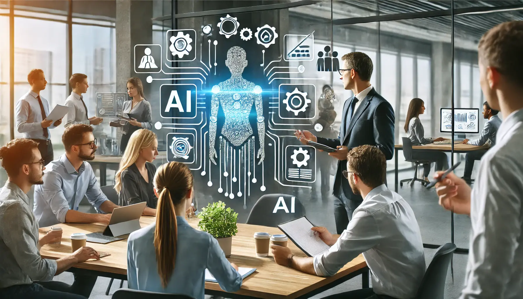 A team of professionals in a modern office helping employees adapt to new AI systems through a collaborative training session.