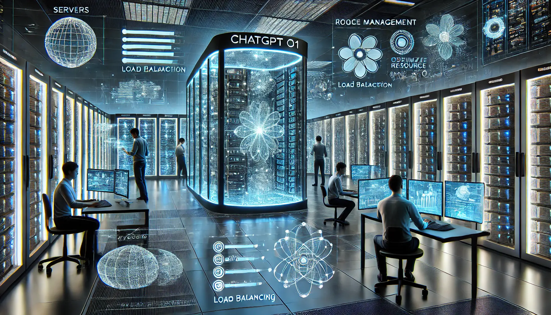 Engineers managing computational resources for ChatGPT o1 in a high-tech data center, optimizing load balancing and system performance.