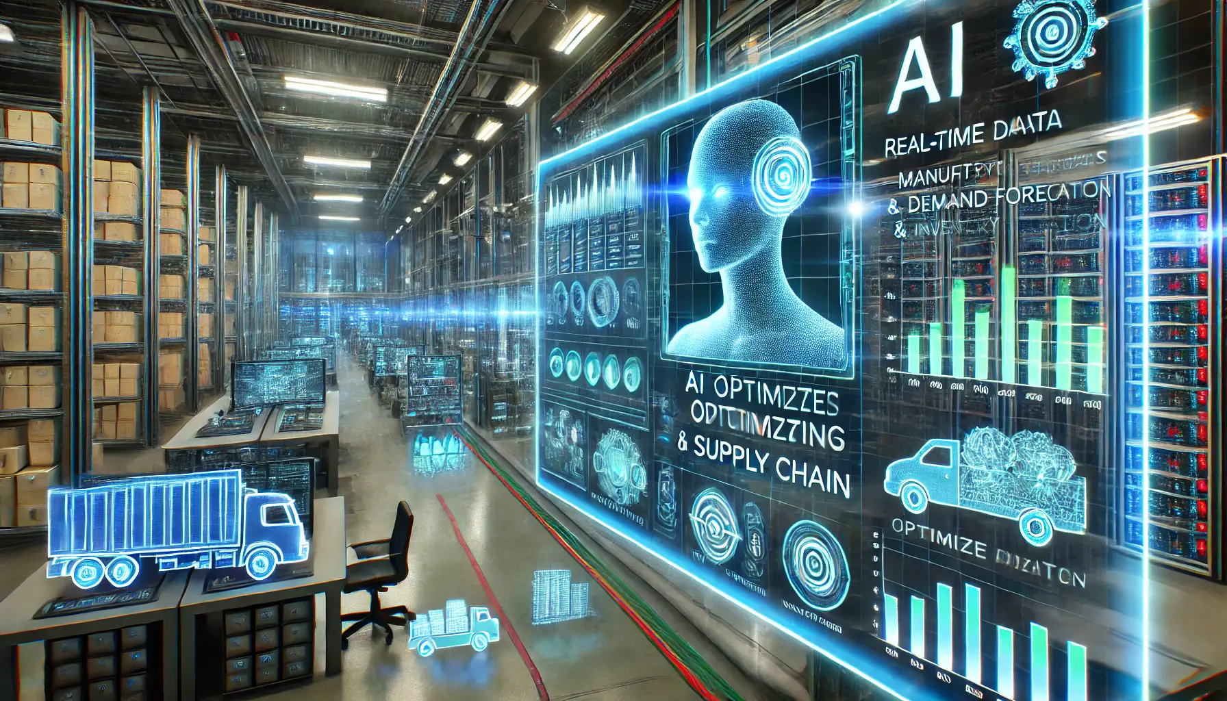 A high-tech AI system optimizing manufacturing and supply chain operations with real-time data on inventory levels, demand forecasts, and production schedules.