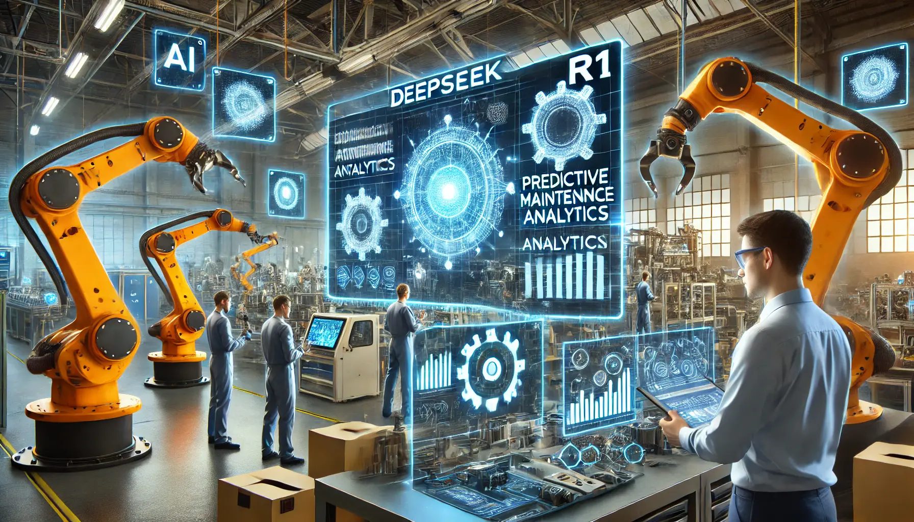 Futuristic manufacturing facility with robotic arms assembling products and engineers monitoring AI-driven dashboards.