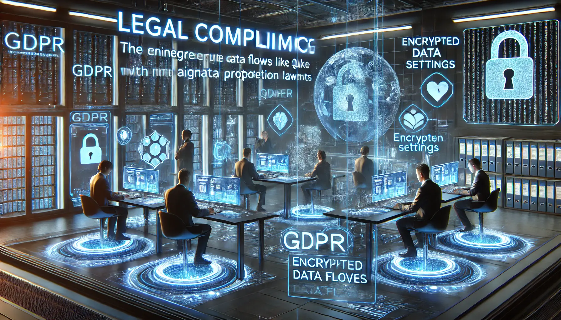 A high-tech operations center where professionals monitor AI integration with GDPR, showing encrypted data flows and compliance metrics on holographic displays.