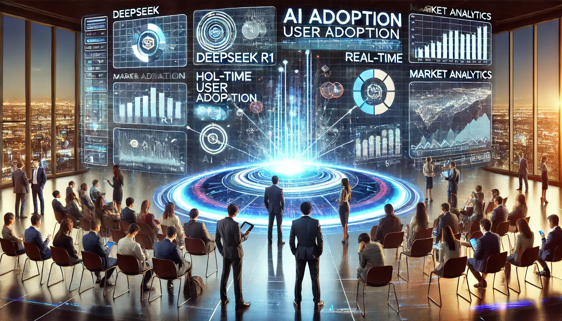 A futuristic AI market analytics hub with holographic user adoption charts, real-time growth trends, and business professionals analyzing performance metrics on interactive screens.