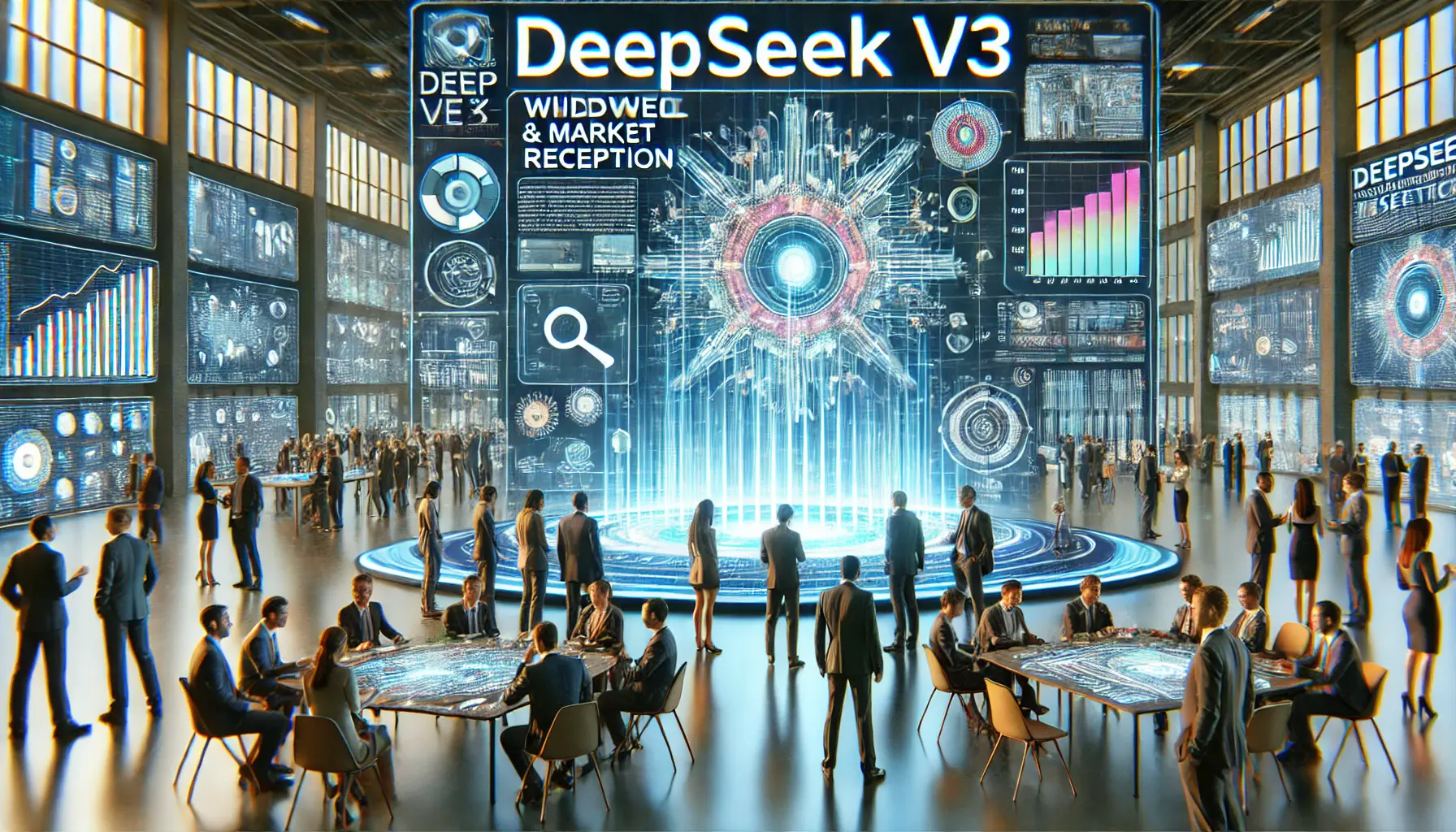 A high-tech conference showcasing DeepSeek v3, with industry professionals and researchers interacting with digital displays and holographic interfaces.