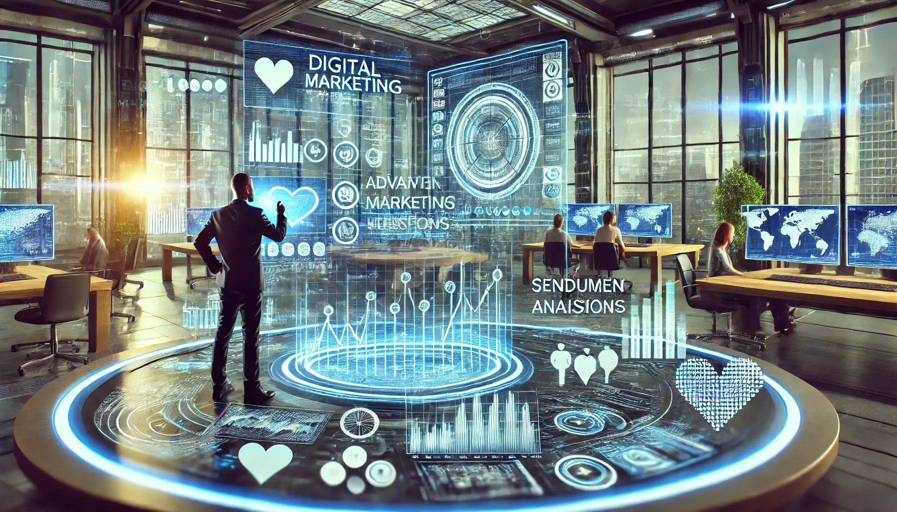 A futuristic digital marketing workspace analyzing market trends and consumer emotions. The environment displays an advanced analytics dashboard with charts, graphs, and sentiment analysis tools.