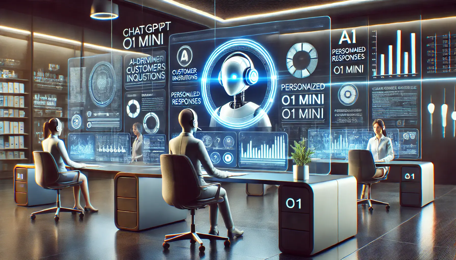 A modern AI-powered customer service environment, where a chatbot engages with customers in real-time. Holographic displays show customer inquiries, personalized responses, and analytics.