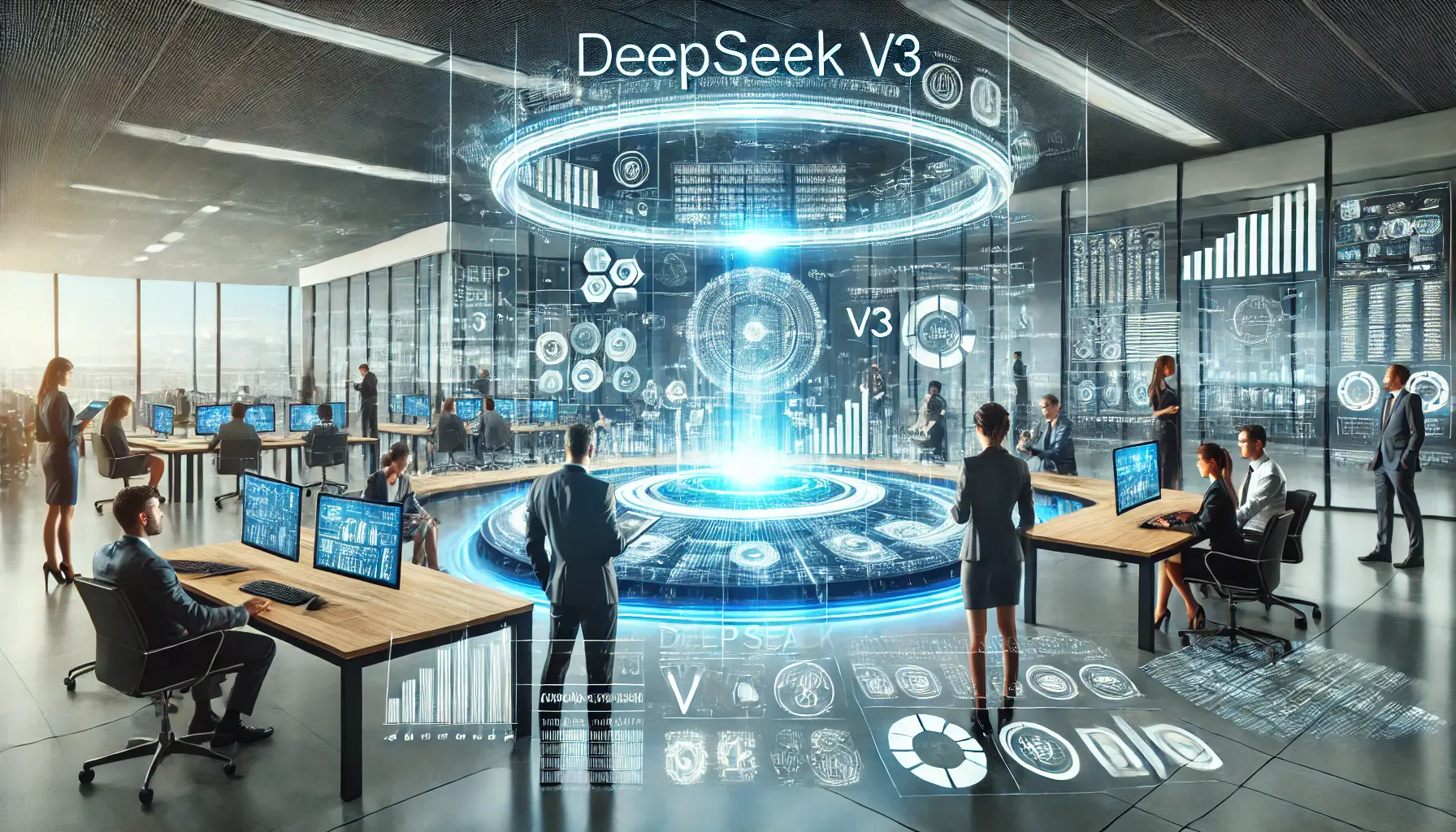 A futuristic corporate setting where professionals work together to optimize DeepSeek v3’s impact on business operations using real-time analytics and AI-powered workflows.