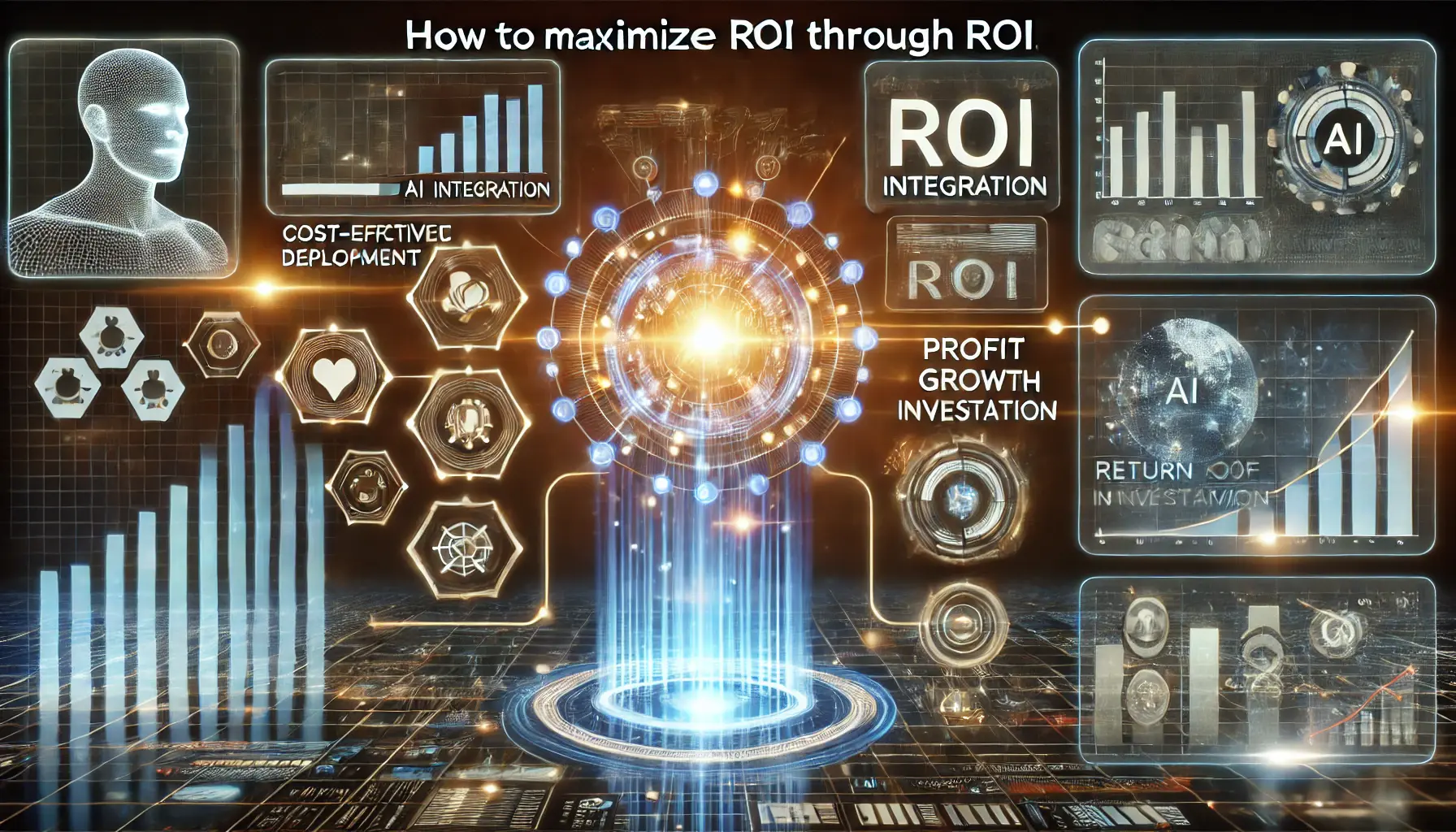 A futuristic digital dashboard showing high efficiency and performance metrics for AI integration, with interconnected graphs and profit growth indicators emphasizing ROI maximization.