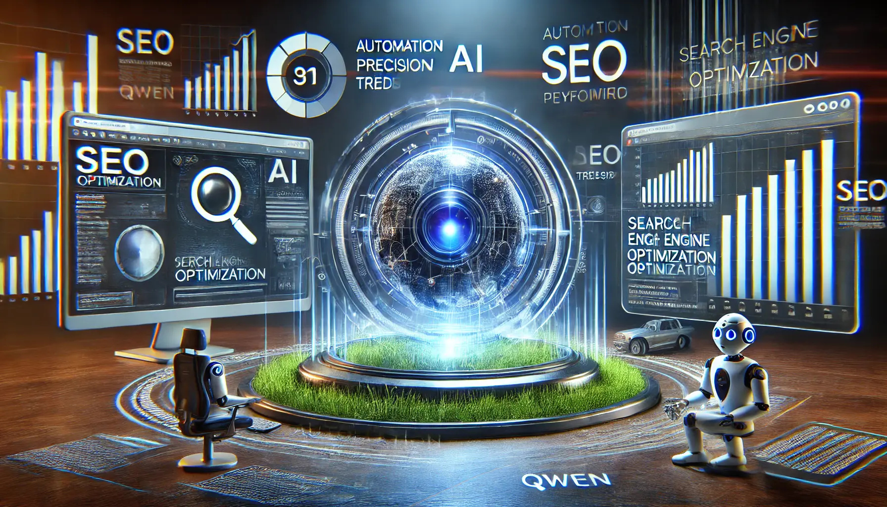 A futuristic AI-powered system analyzing search engine data, keyword trends, and website rankings, displaying dynamic graphs and SEO performance metrics.