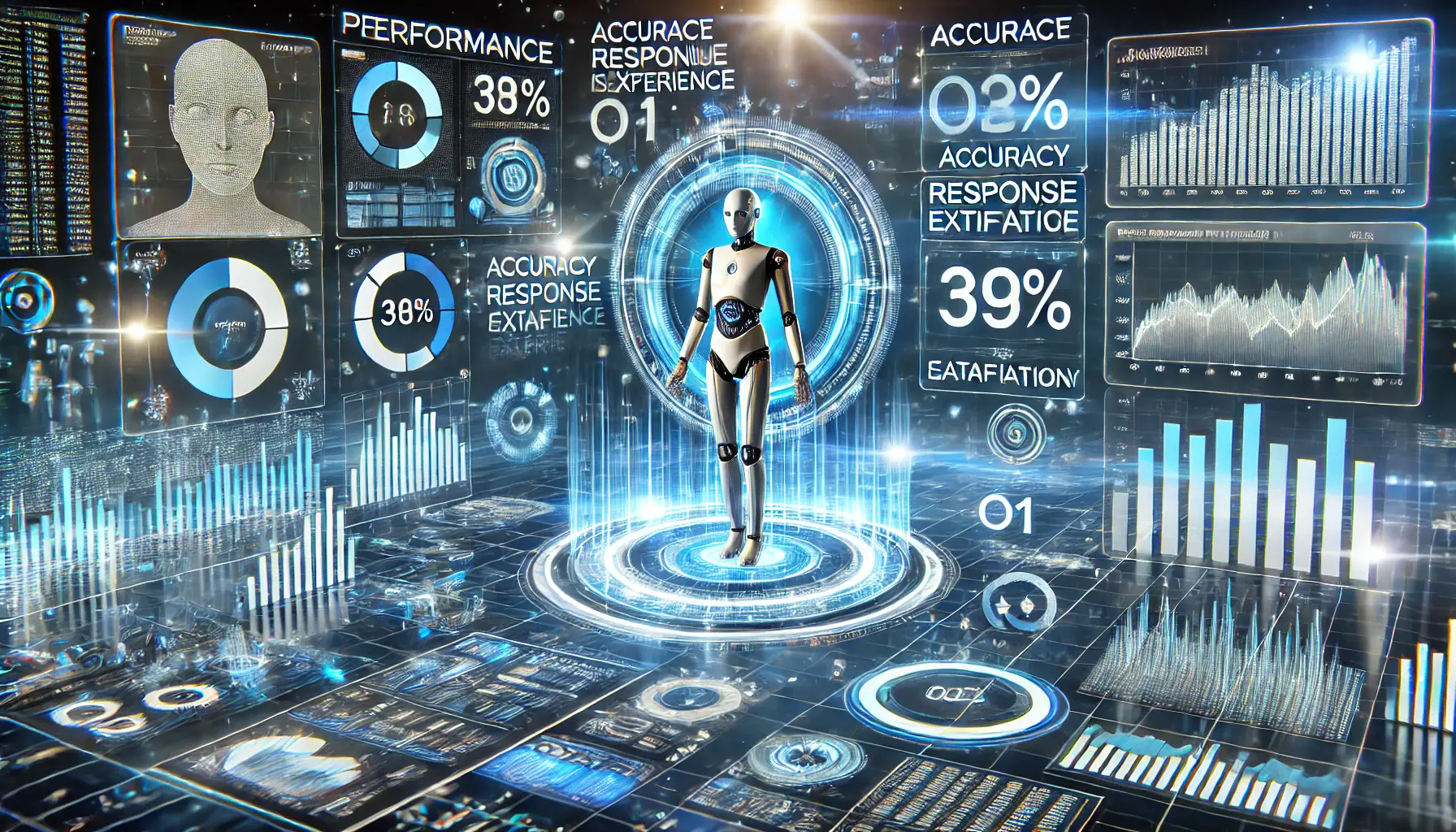 A high-tech digital dashboard displaying real-time performance metrics of an AI system measuring its impact on user experience.