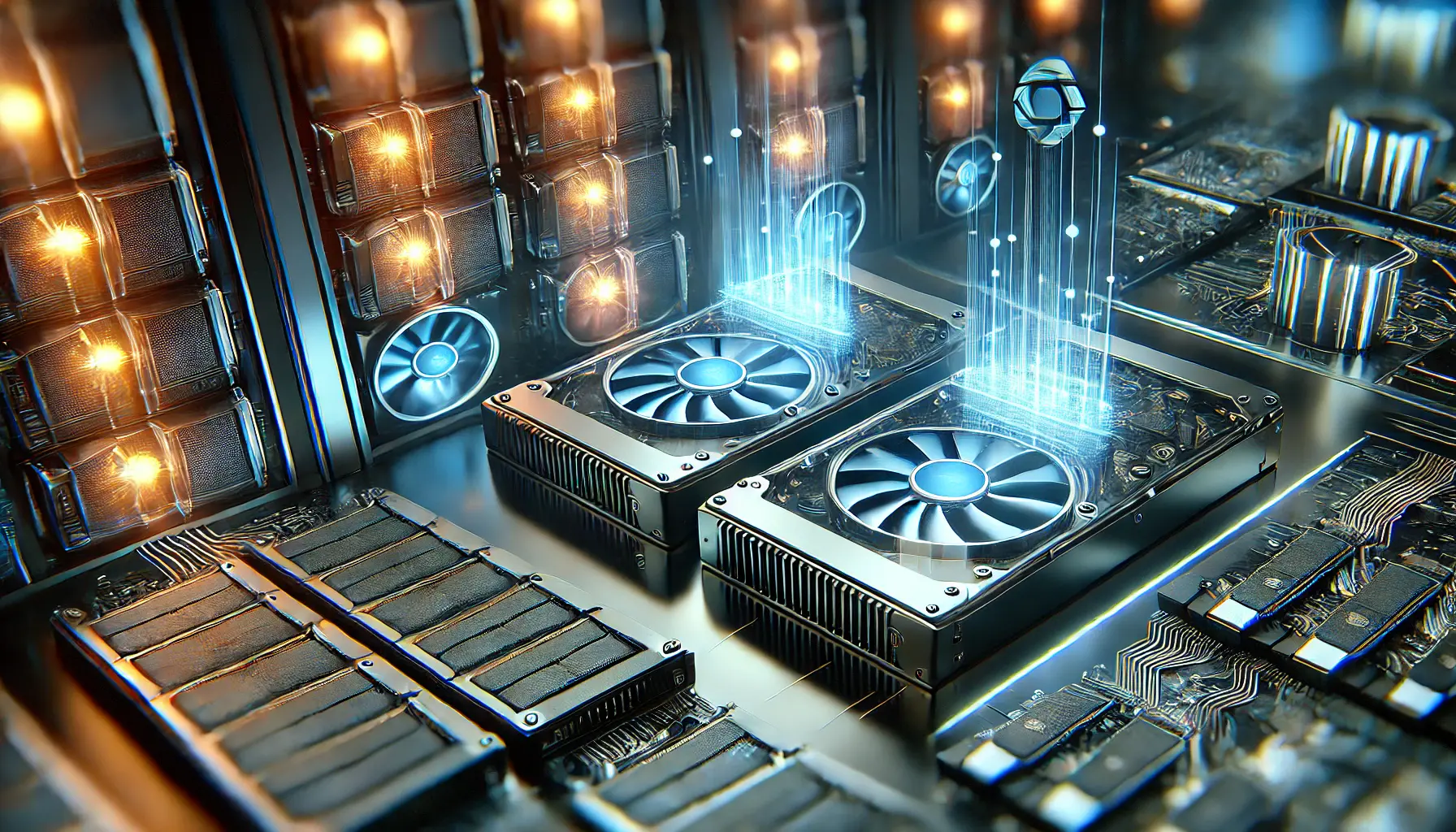 A futuristic data center with high-capacity SSDs and memory modules interconnected by glowing data streams, symbolizing high-speed data access and computational efficiency.