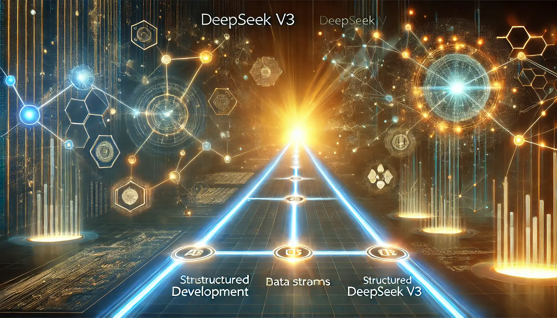 A futuristic timeline representation with glowing digital nodes marking key breakthroughs leading to DeepSeek v3, surrounded by advanced AI interfaces and neural network structures.