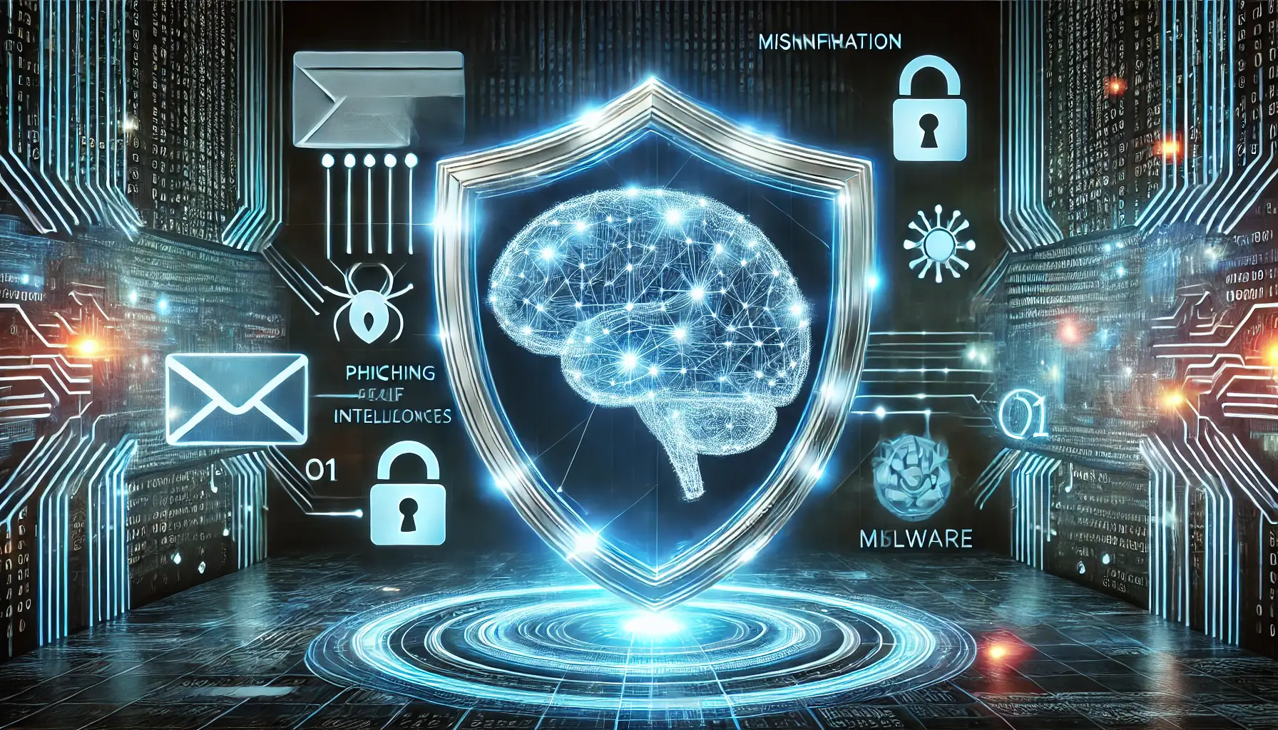 A digital concept featuring a glowing protective shield around a holographic AI brain, blocking malicious activities like phishing emails, misinformation, and malware code.