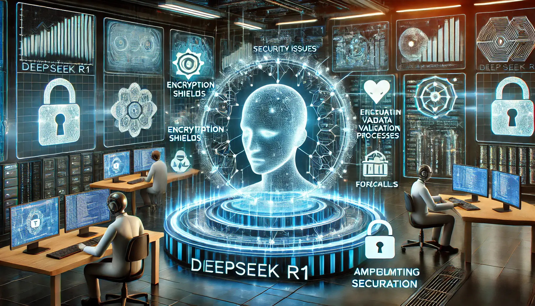 A high-tech AI interface with protective measures like encryption shields, firewalls, and data validation processes surrounding an AI system in a secure cyber lab.