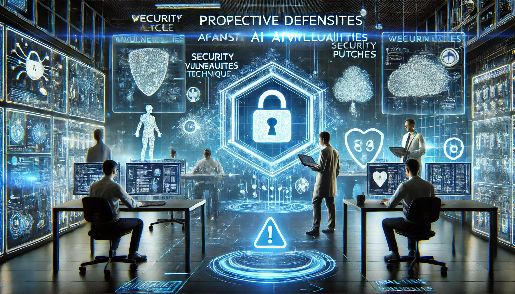 A high-tech cybersecurity lab where professionals patch vulnerabilities in AI models, with holographic displays showing security patches and real-time updates.