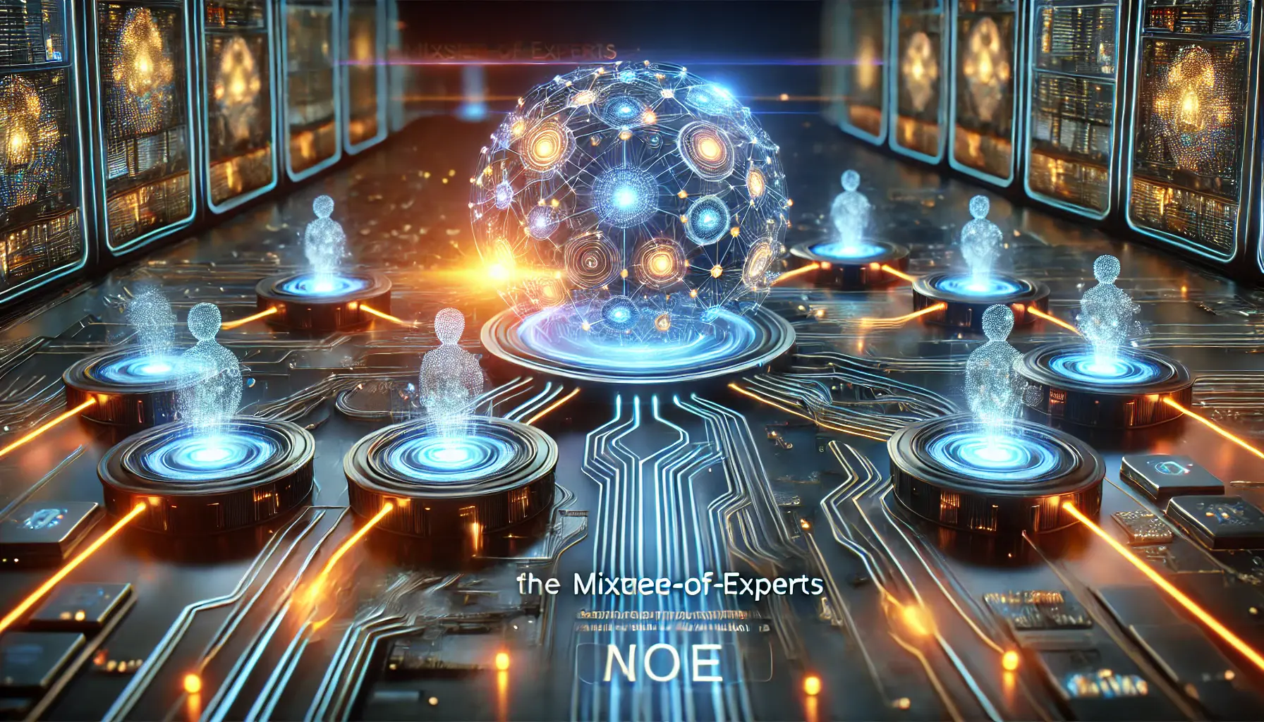 Futuristic visualization of the Mixture-of-Experts architecture, depicting specialized AI nodes interconnected in a dynamic neural network.