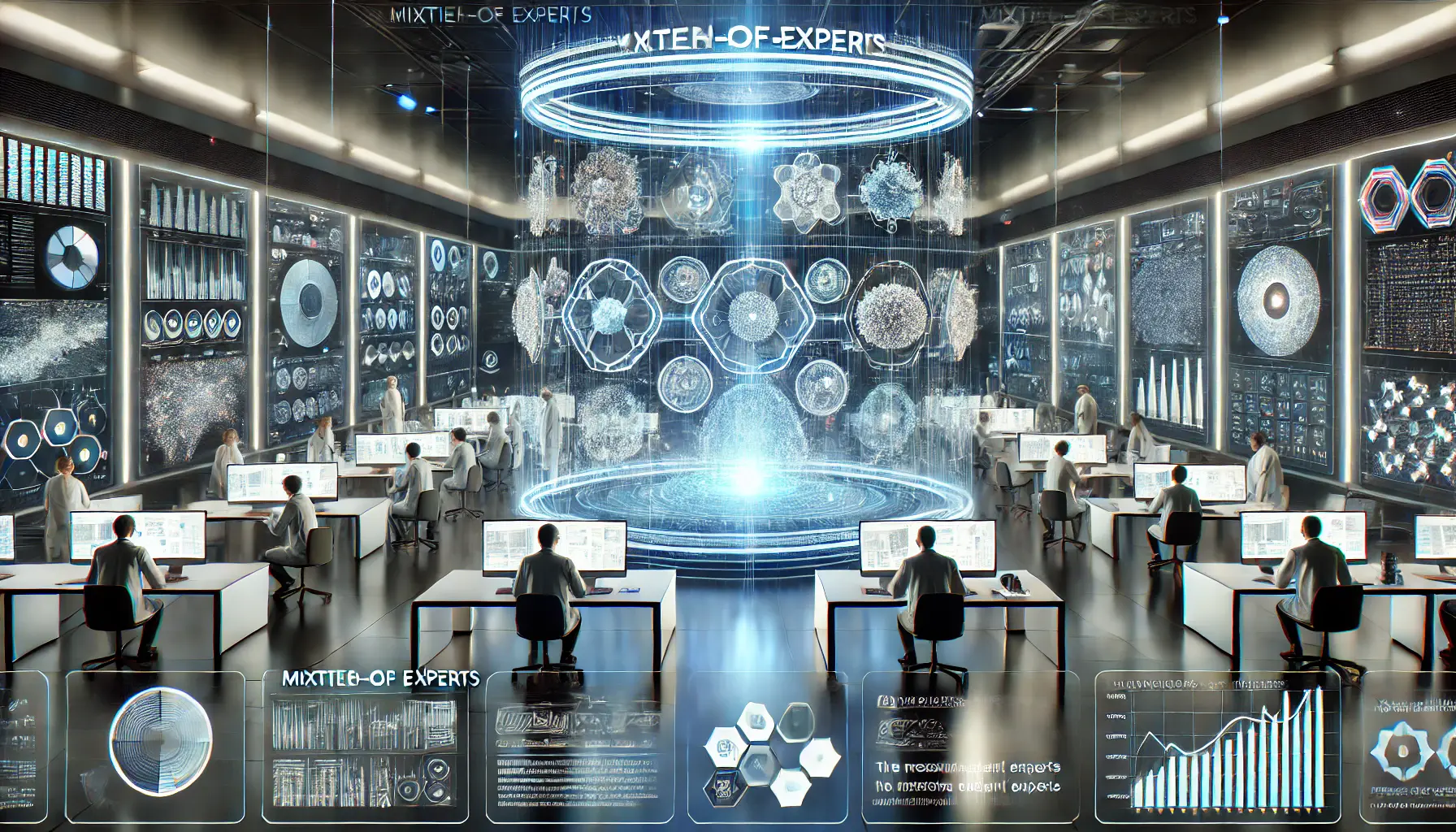 A high-tech AI lab displaying the Mixture-of-Experts (MoE) architecture with multiple expert models working in parallel and data pathways.