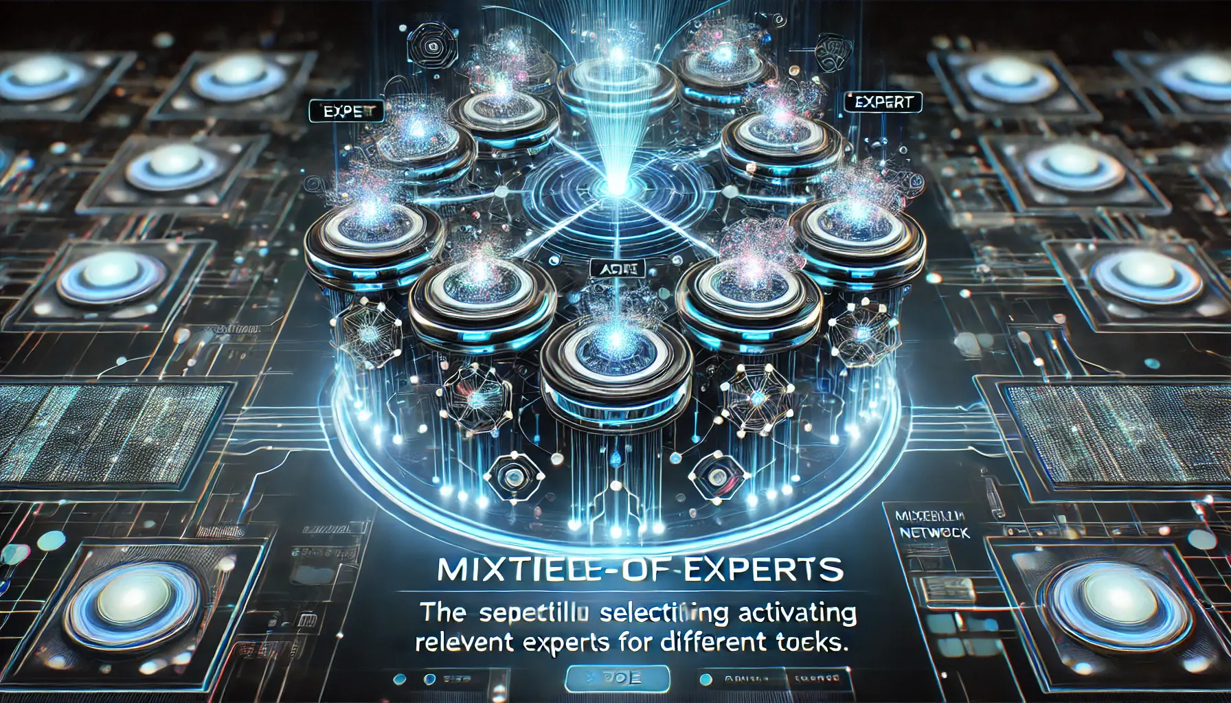 A high-tech visualization of the Mixture-of-Experts AI architecture, featuring interconnected neural networks selectively activating specialized models.