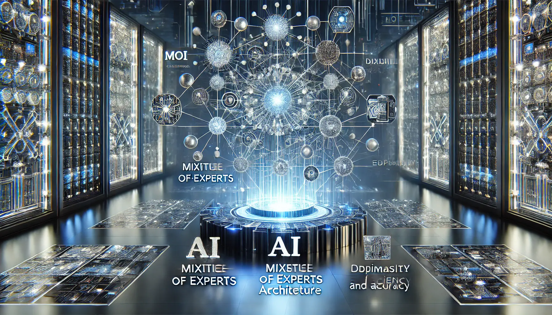 A futuristic AI-powered system illustrating the Mixture-of-Experts (MoE) architecture with interconnected neural networks.