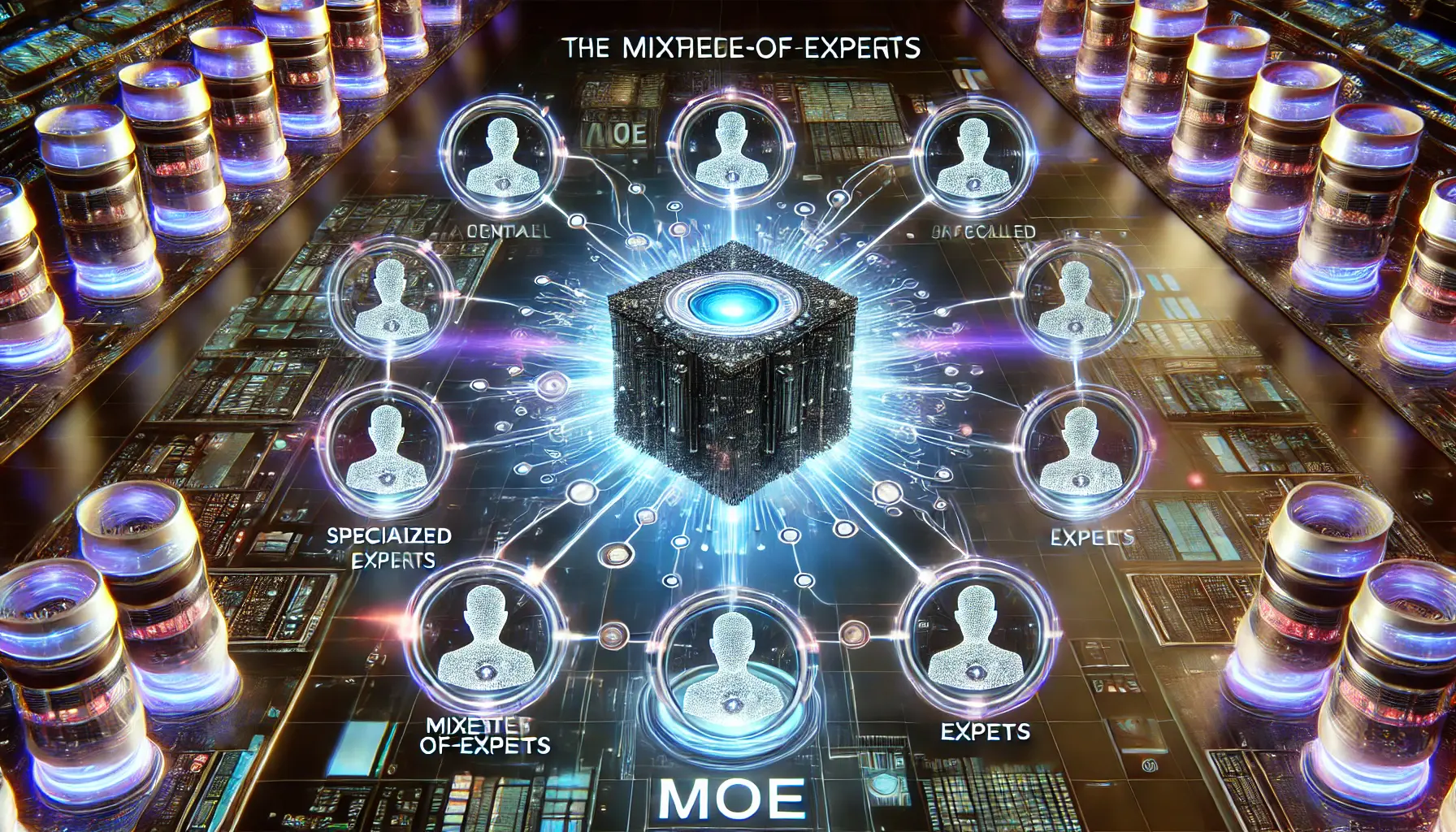 A futuristic visualization of the Mixture-of-Experts (MoE) approach in AI, featuring a central processing unit surrounded by multiple specialized sub-models with glowing data streams.