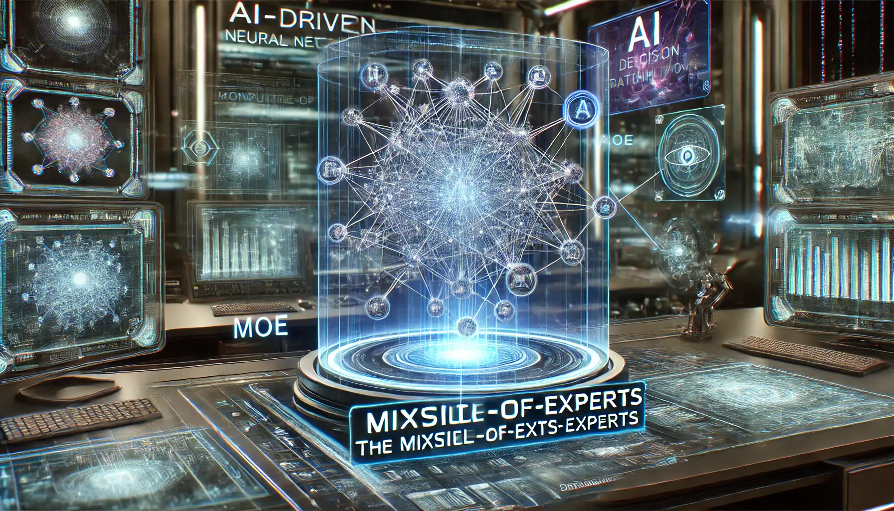 A futuristic AI-driven neural network with interconnected expert nodes dynamically activating in a high-tech control center, symbolizing computational task distribution.