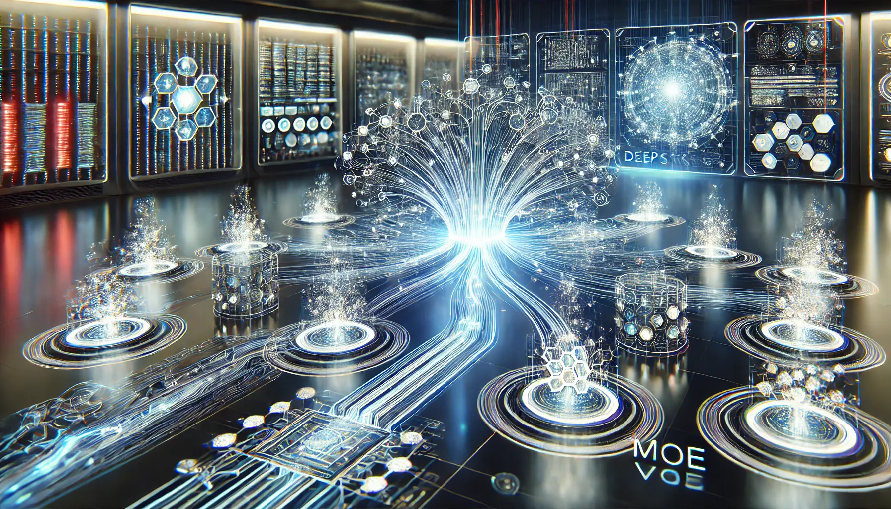 A futuristic AI network with glowing pathways dynamically activating expert nodes, representing the Mixture-of-Experts (MoE) architecture in a high-tech research facility.