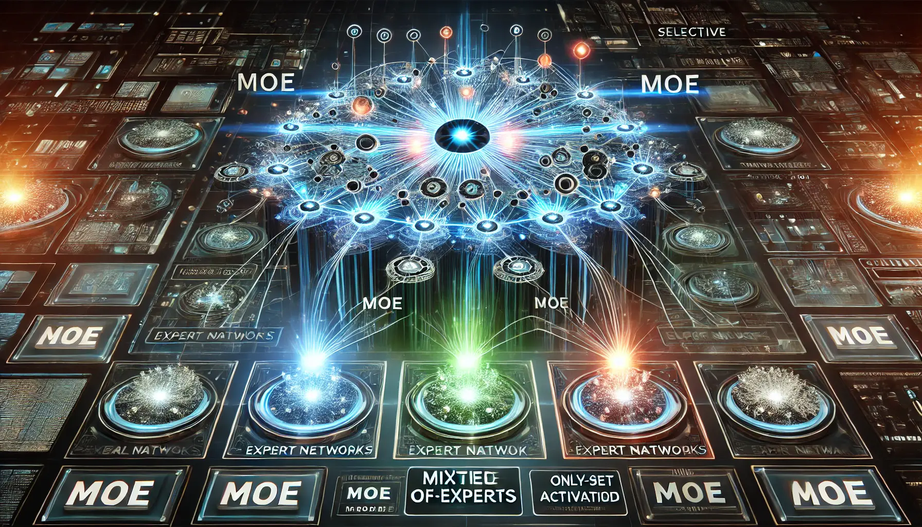 A high-tech visualization of the Mixture-of-Experts (MoE) architecture, showing multiple expert networks with selective activation for different tasks.